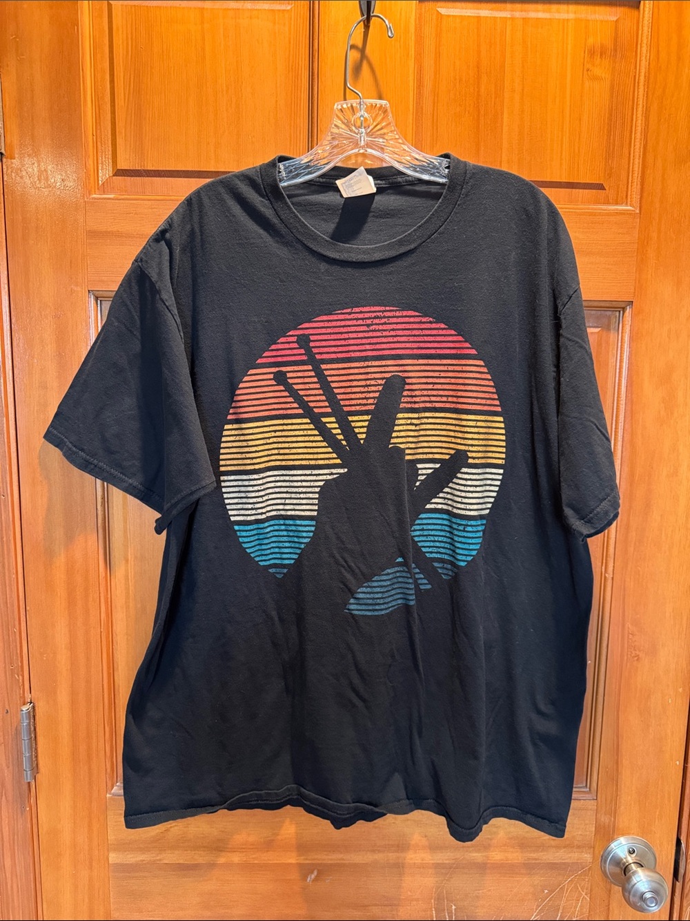 Port & Company Retro Men's Black Graphic Tee with Retro Sunset Drums Design 2XL